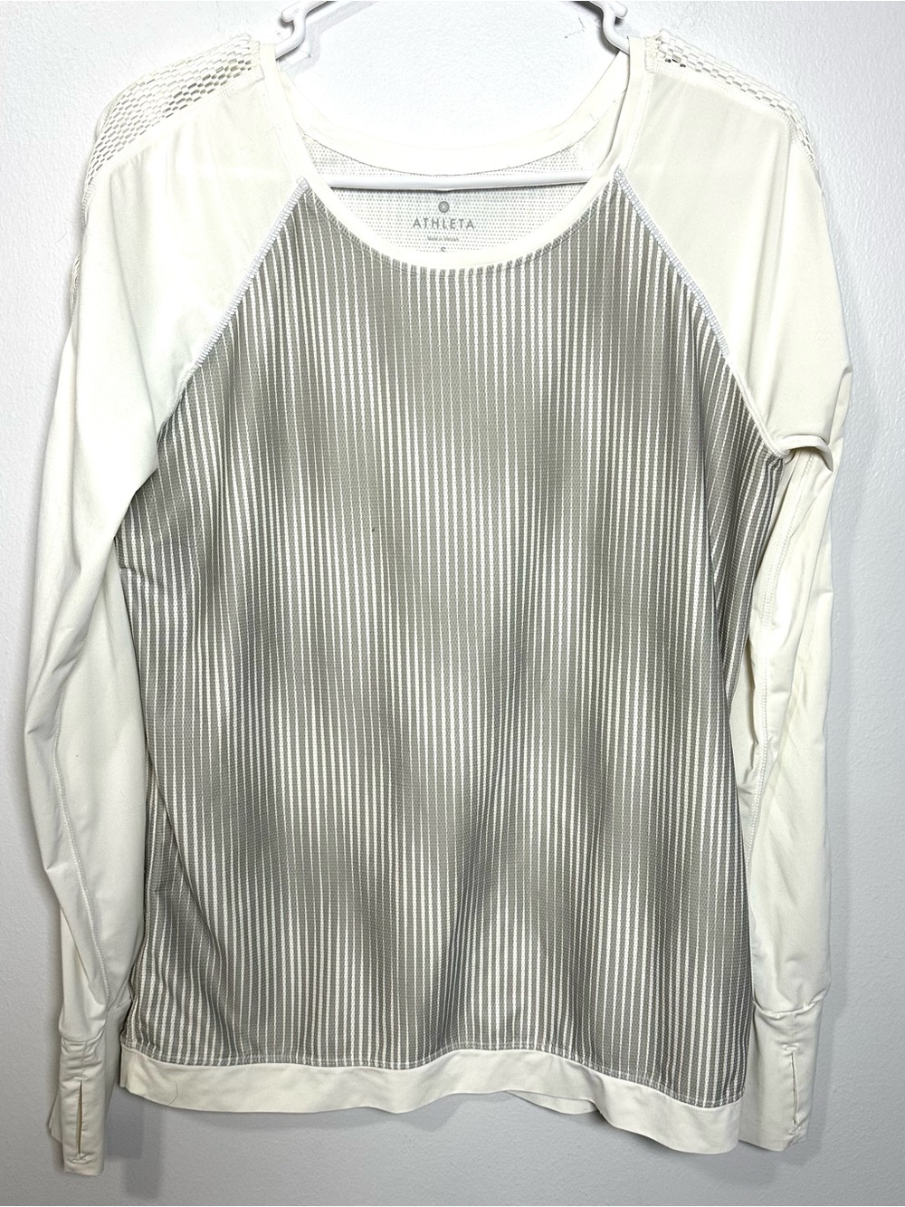 Athleta Cream Long Sleeve Top with Gray-Striped Front Size Small mesh detail